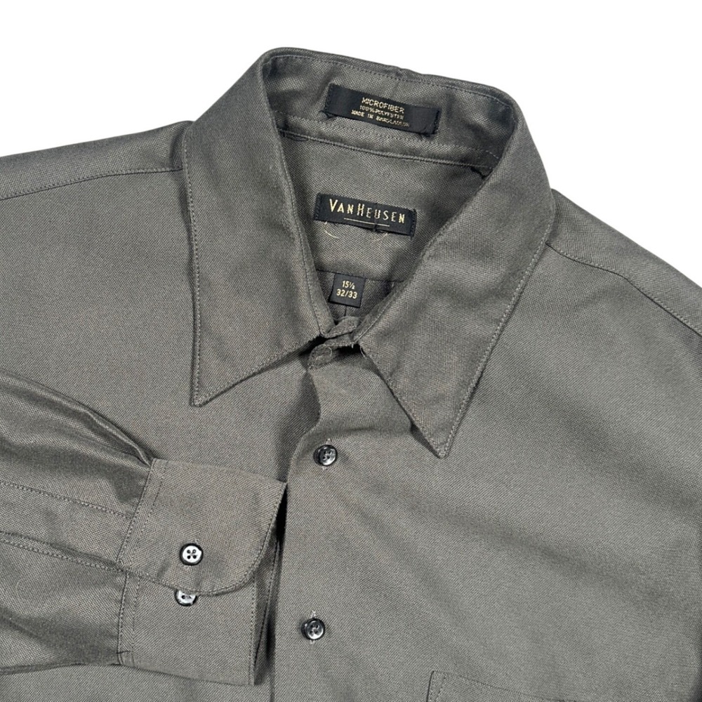 Van Heusen Dress Shirt Mens Medium Olive Green Microfiber Long Sleeve‎